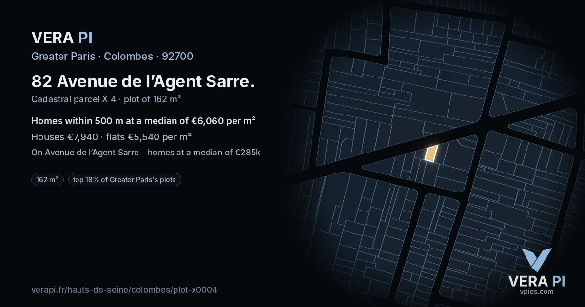 82 Avenue de l’Agent Sarre, Colombes at night – the plot lit, the parcels around coloured by the prices near them