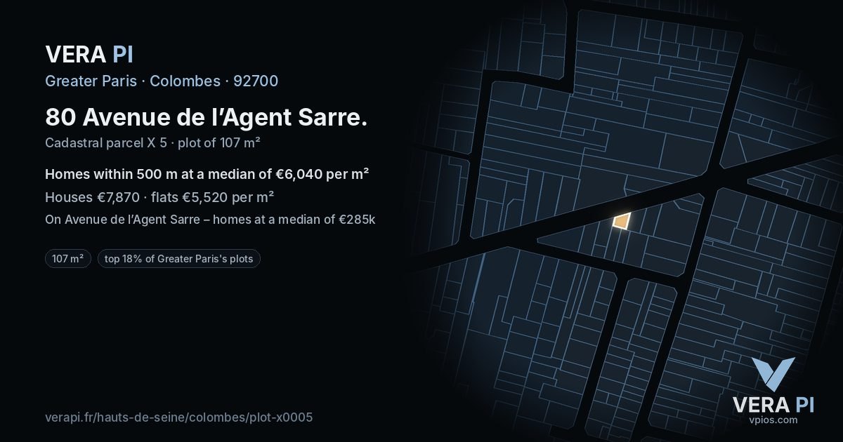 80 Avenue de l’Agent Sarre, Colombes at night – the plot lit, the parcels around coloured by the prices near them