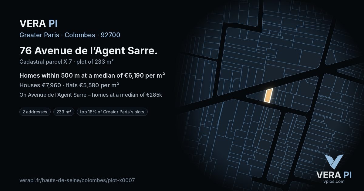 76 Avenue de l’Agent Sarre, Colombes at night – the plot lit, the parcels around coloured by the prices near them