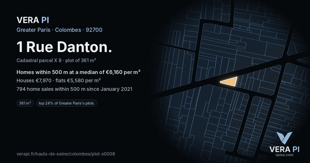 1 Rue Danton, Colombes at night – the plot lit, the parcels around coloured by the prices near them