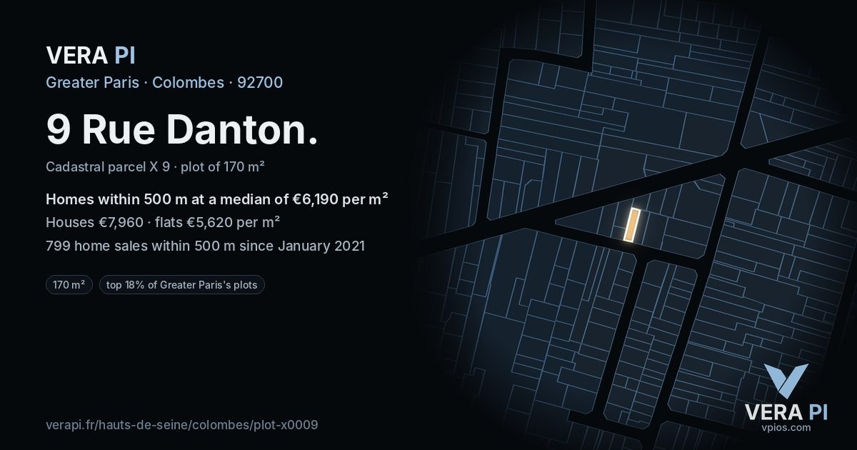 9 Rue Danton, Colombes at night – the plot lit, the parcels around coloured by the prices near them