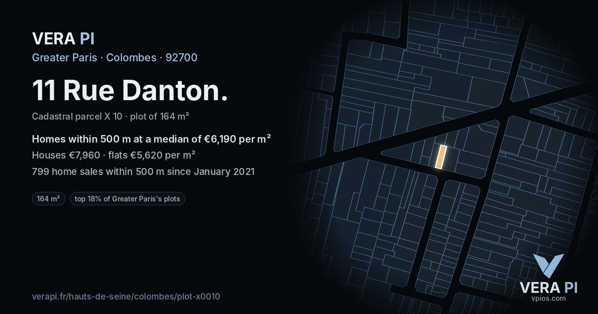 11 Rue Danton, Colombes at night – the plot lit, the parcels around coloured by the prices near them