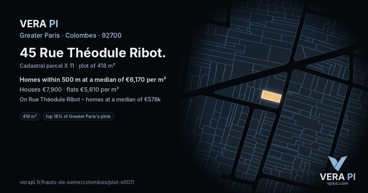 45 Rue Théodule Ribot, Colombes at night – the plot lit, the parcels around coloured by the prices near them