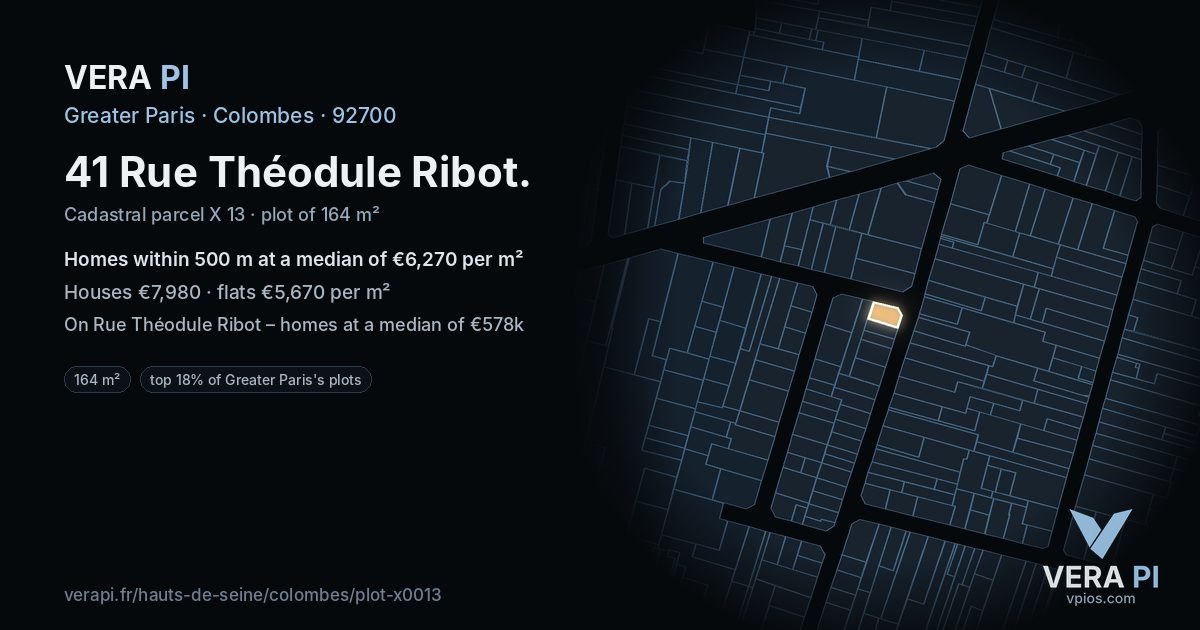 41 Rue Théodule Ribot, Colombes at night – the plot lit, the parcels around coloured by the prices near them