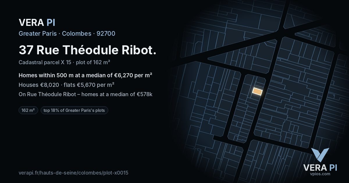 37 Rue Théodule Ribot, Colombes at night – the plot lit, the parcels around coloured by the prices near them