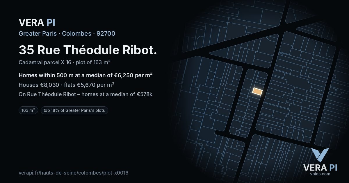 35 Rue Théodule Ribot, Colombes at night – the plot lit, the parcels around coloured by the prices near them