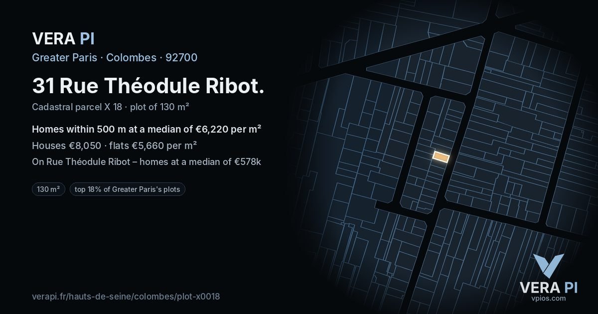 31 Rue Théodule Ribot, Colombes at night – the plot lit, the parcels around coloured by the prices near them