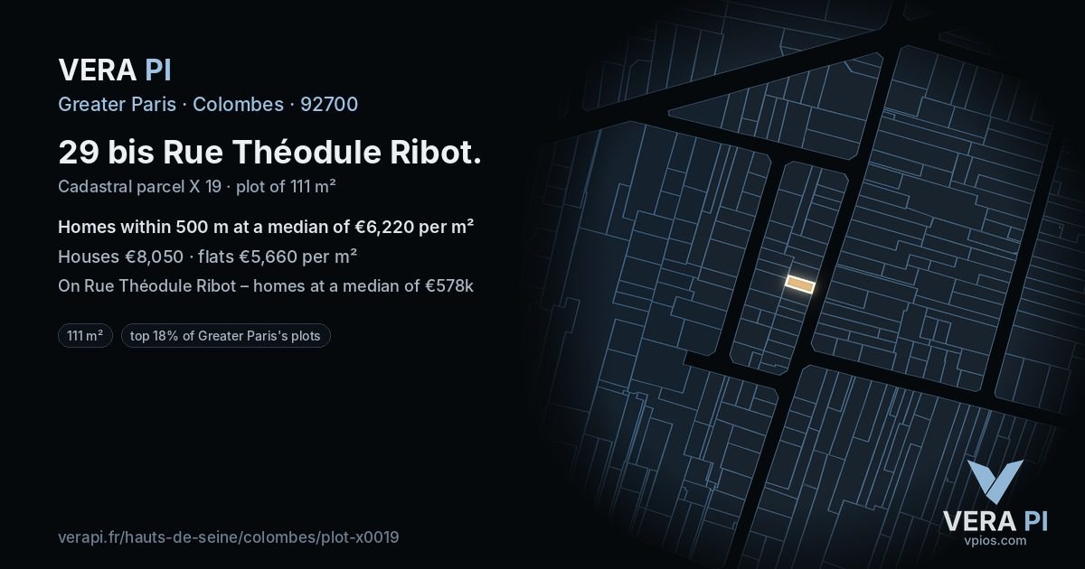 29 bis Rue Théodule Ribot, Colombes at night – the plot lit, the parcels around coloured by the prices near them