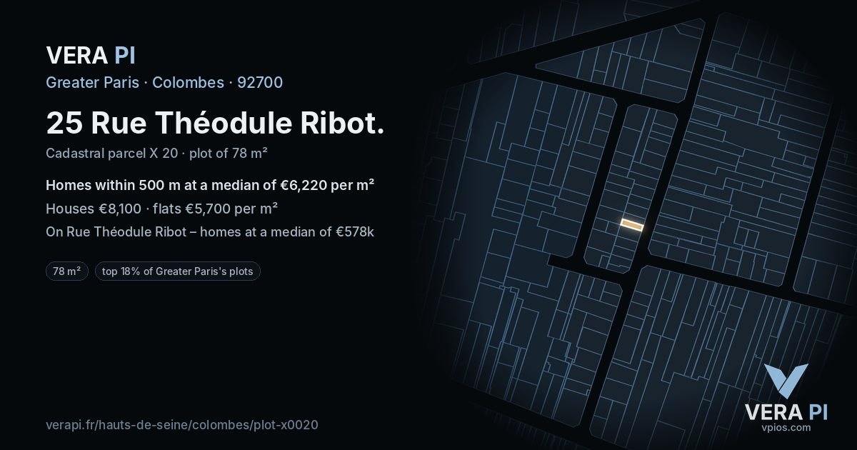 25 Rue Théodule Ribot, Colombes at night – the plot lit, the parcels around coloured by the prices near them
