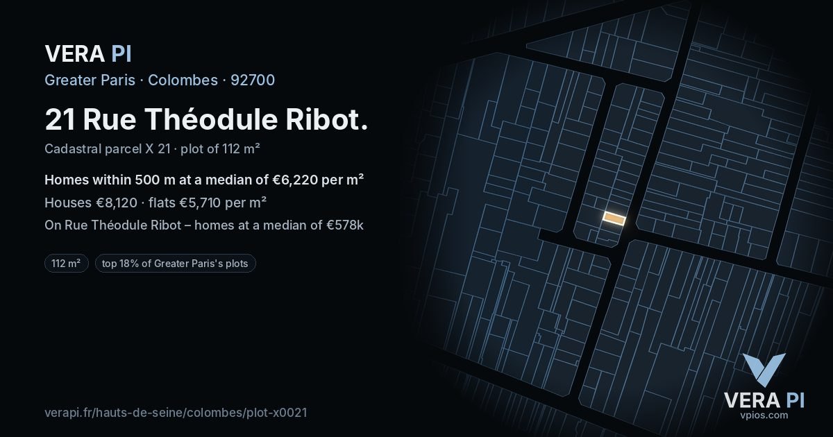 21 Rue Théodule Ribot, Colombes at night – the plot lit, the parcels around coloured by the prices near them