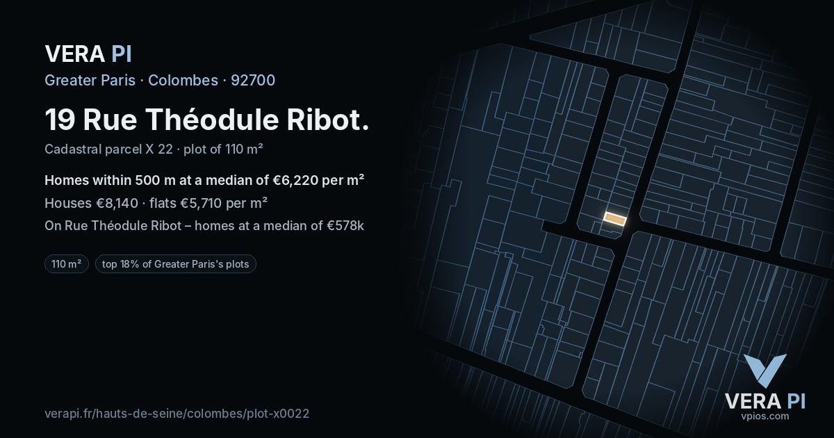 19 Rue Théodule Ribot, Colombes at night – the plot lit, the parcels around coloured by the prices near them