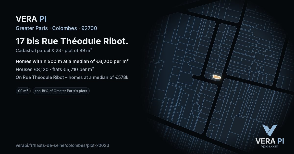 17 bis Rue Théodule Ribot, Colombes at night – the plot lit, the parcels around coloured by the prices near them