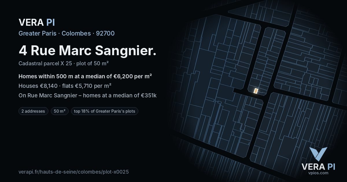 4 Rue Marc Sangnier, Colombes at night – the plot lit, the parcels around coloured by the prices near them