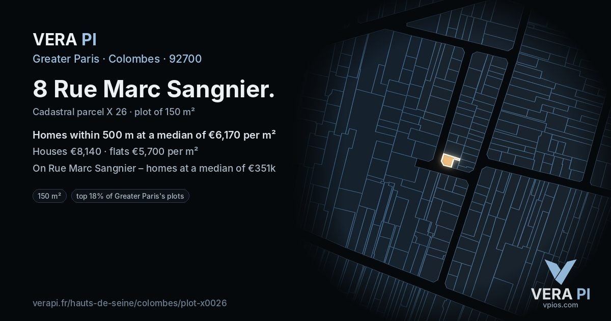 8 Rue Marc Sangnier, Colombes at night – the plot lit, the parcels around coloured by the prices near them