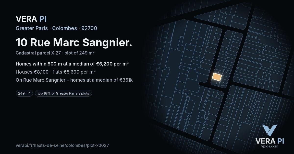 10 Rue Marc Sangnier, Colombes at night – the plot lit, the parcels around coloured by the prices near them