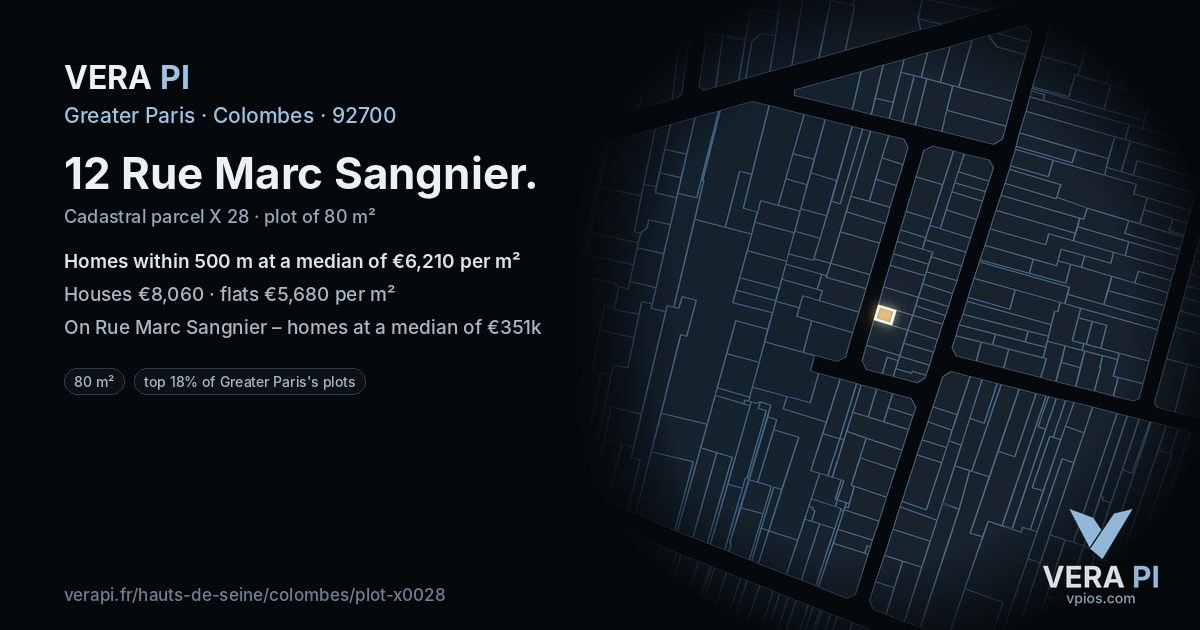 12 Rue Marc Sangnier, Colombes at night – the plot lit, the parcels around coloured by the prices near them