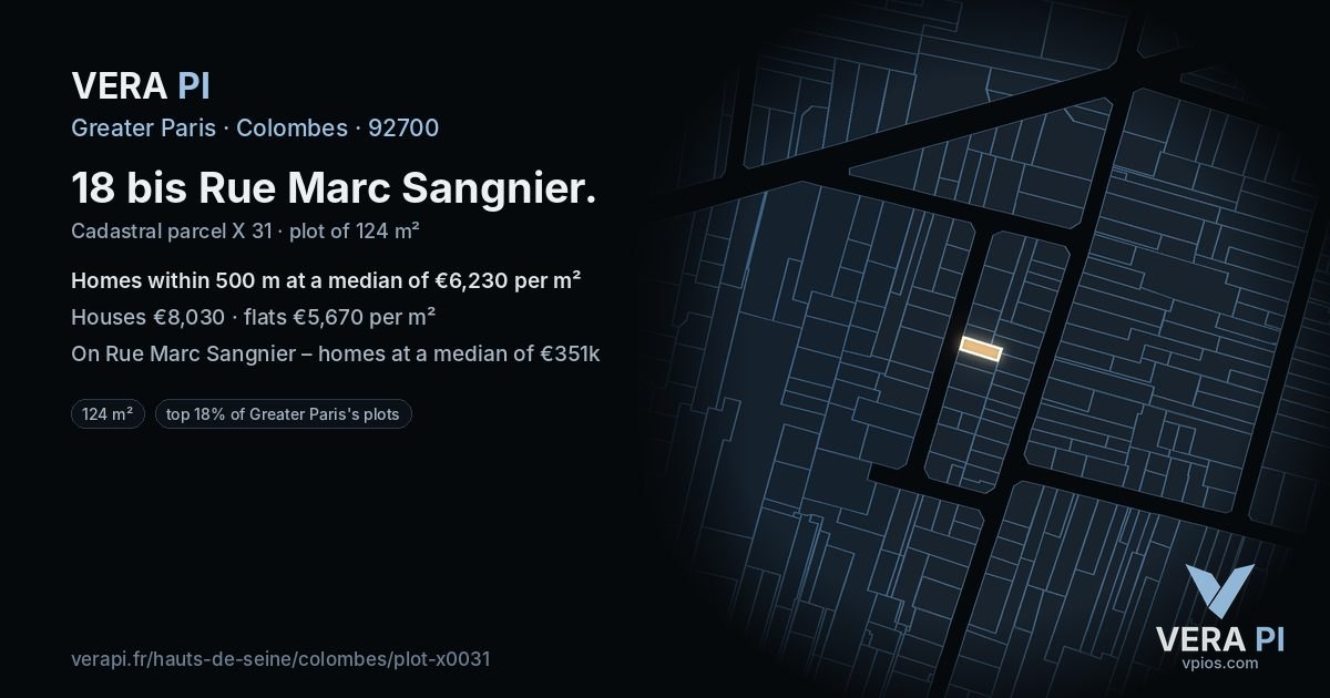 18 bis Rue Marc Sangnier, Colombes at night – the plot lit, the parcels around coloured by the prices near them