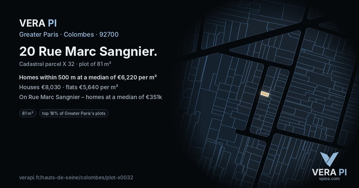 20 Rue Marc Sangnier, Colombes at night – the plot lit, the parcels around coloured by the prices near them