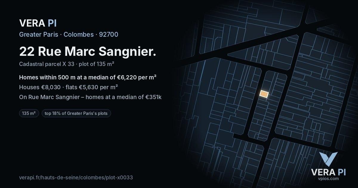 22 Rue Marc Sangnier, Colombes at night – the plot lit, the parcels around coloured by the prices near them