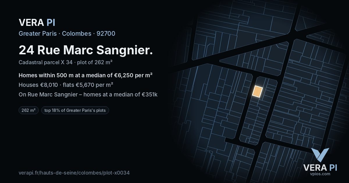 24 Rue Marc Sangnier, Colombes at night – the plot lit, the parcels around coloured by the prices near them