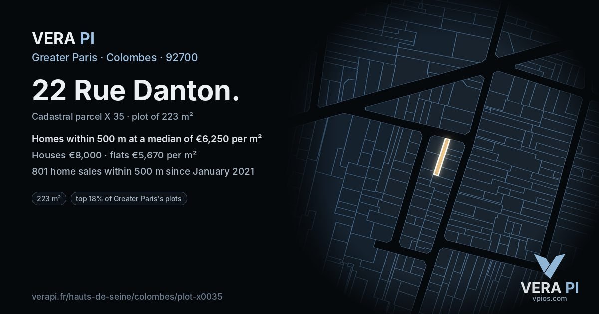 22 Rue Danton, Colombes at night – the plot lit, the parcels around coloured by the prices near them