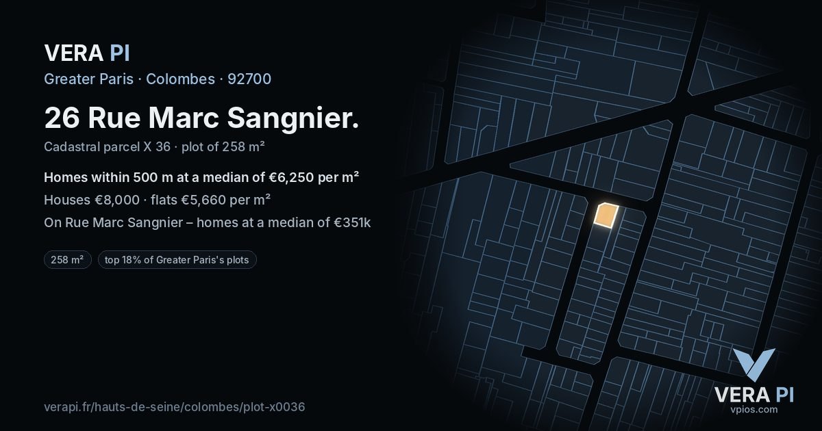 26 Rue Marc Sangnier, Colombes at night – the plot lit, the parcels around coloured by the prices near them
