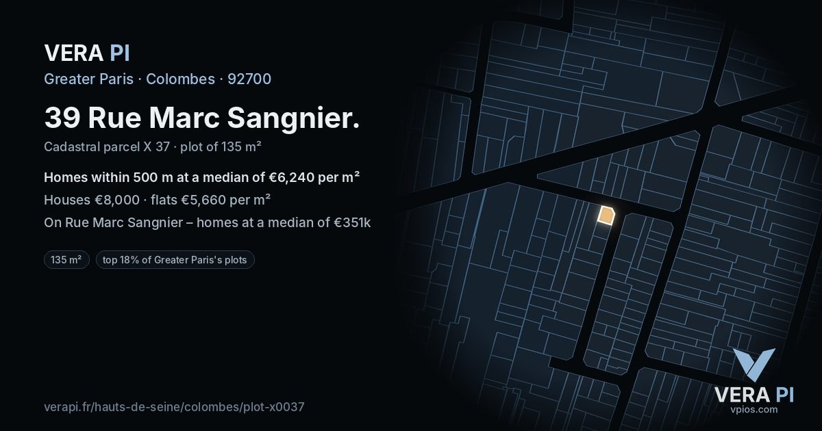 39 Rue Marc Sangnier, Colombes at night – the plot lit, the parcels around coloured by the prices near them
