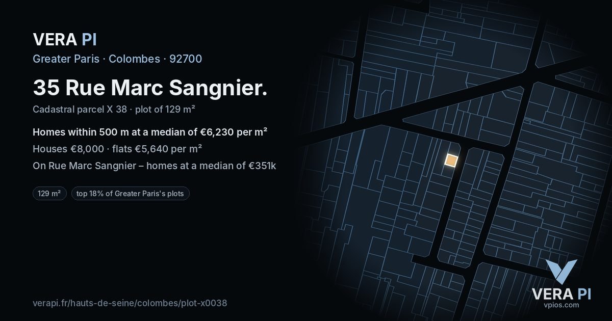 35 Rue Marc Sangnier, Colombes at night – the plot lit, the parcels around coloured by the prices near them