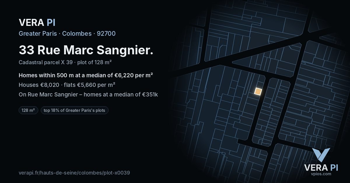 33 Rue Marc Sangnier, Colombes at night – the plot lit, the parcels around coloured by the prices near them