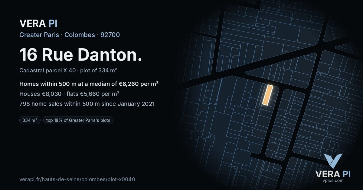 16 Rue Danton, Colombes at night – the plot lit, the parcels around coloured by the prices near them
