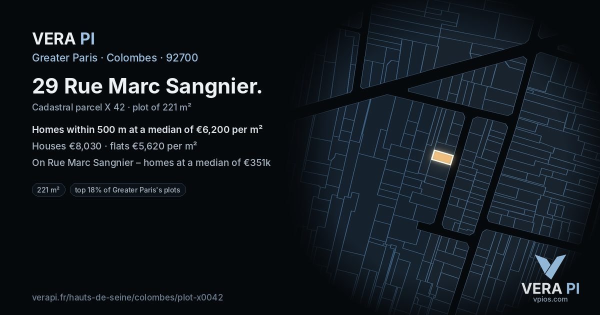 29 Rue Marc Sangnier, Colombes at night – the plot lit, the parcels around coloured by the prices near them