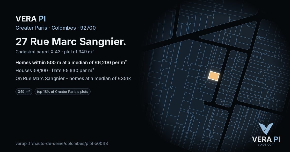 27 Rue Marc Sangnier, Colombes at night – the plot lit, the parcels around coloured by the prices near them