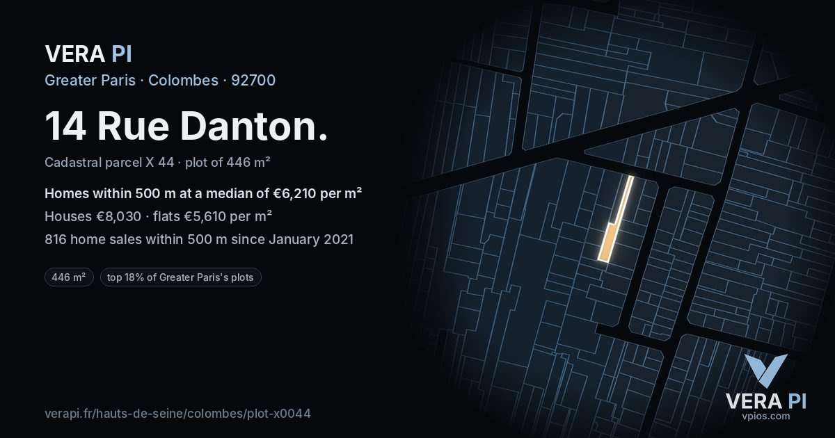 14 Rue Danton, Colombes at night – the plot lit, the parcels around coloured by the prices near them