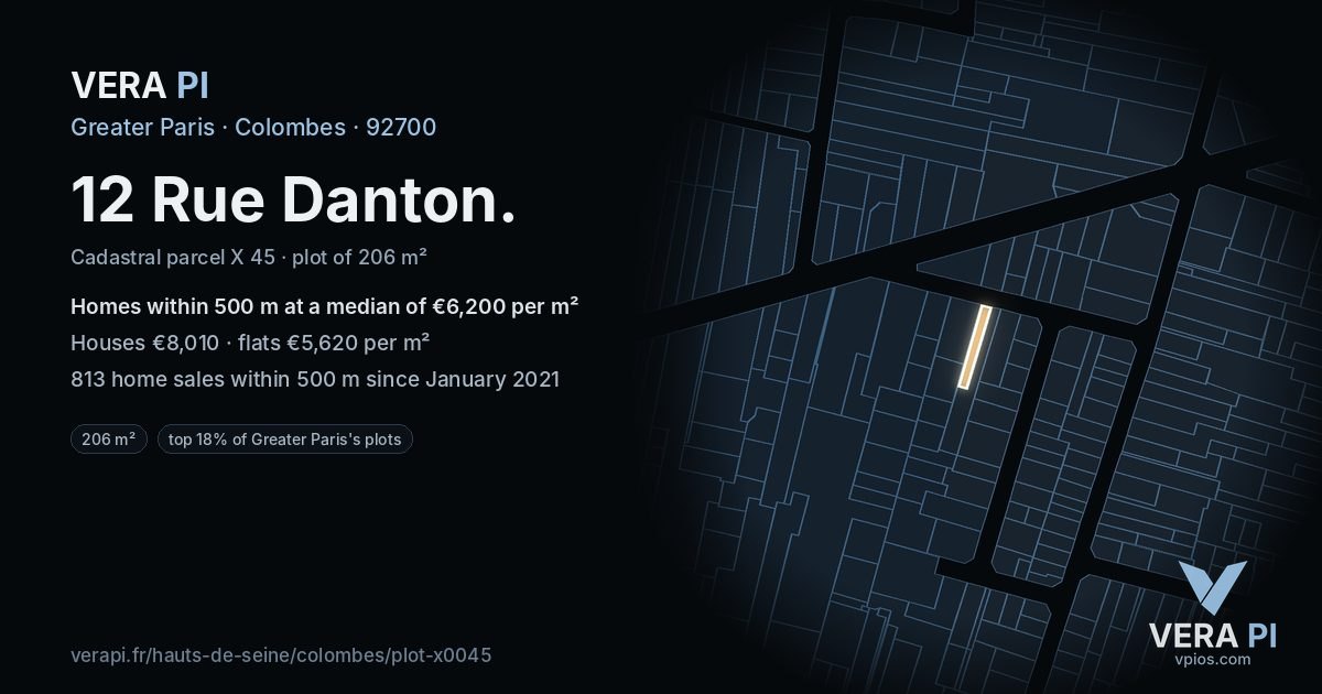 12 Rue Danton, Colombes at night – the plot lit, the parcels around coloured by the prices near them
