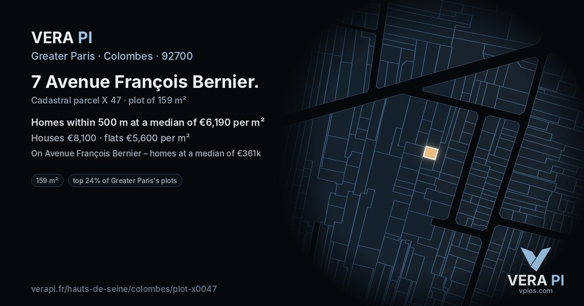 7 Avenue François Bernier, Colombes at night – the plot lit, the parcels around coloured by the prices near them