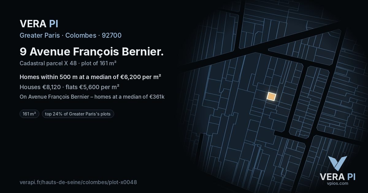 9 Avenue François Bernier, Colombes at night – the plot lit, the parcels around coloured by the prices near them