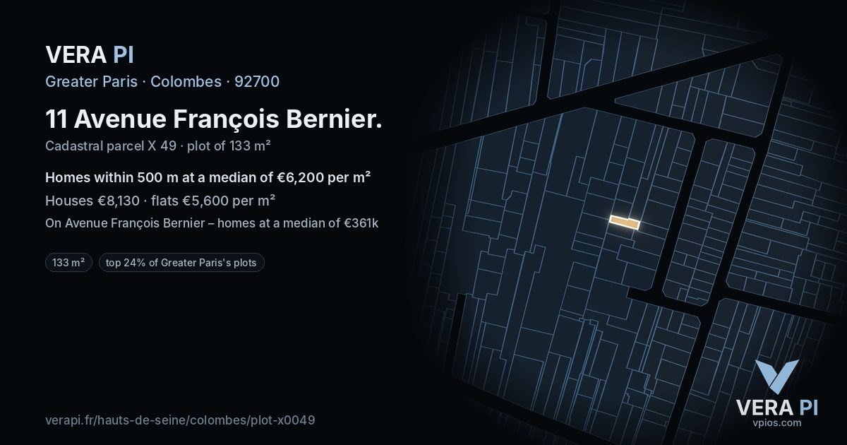 11 Avenue François Bernier, Colombes at night – the plot lit, the parcels around coloured by the prices near them