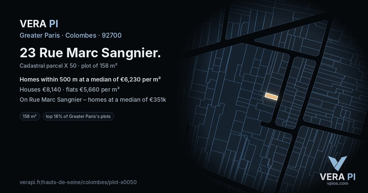 23 Rue Marc Sangnier, Colombes at night – the plot lit, the parcels around coloured by the prices near them