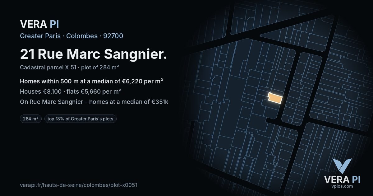 21 Rue Marc Sangnier, Colombes at night – the plot lit, the parcels around coloured by the prices near them