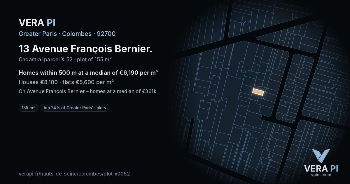 13 Avenue François Bernier, Colombes at night – the plot lit, the parcels around coloured by the prices near them