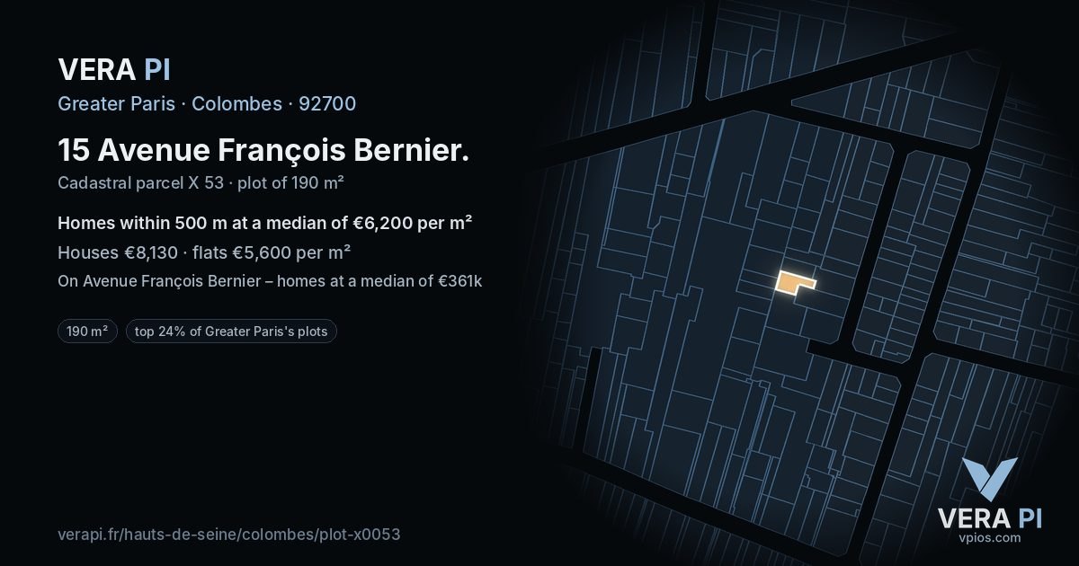 15 Avenue François Bernier, Colombes at night – the plot lit, the parcels around coloured by the prices near them