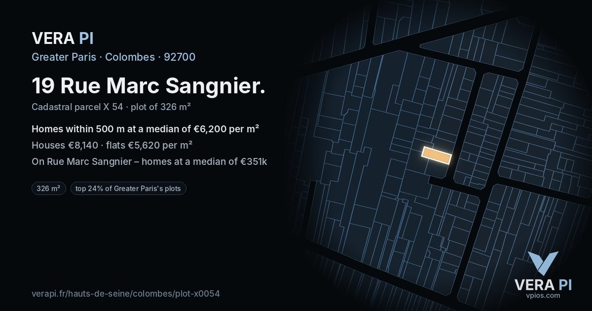 19 Rue Marc Sangnier, Colombes at night – the plot lit, the parcels around coloured by the prices near them