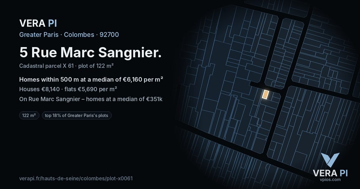 5 Rue Marc Sangnier, Colombes at night – the plot lit, the parcels around coloured by the prices near them