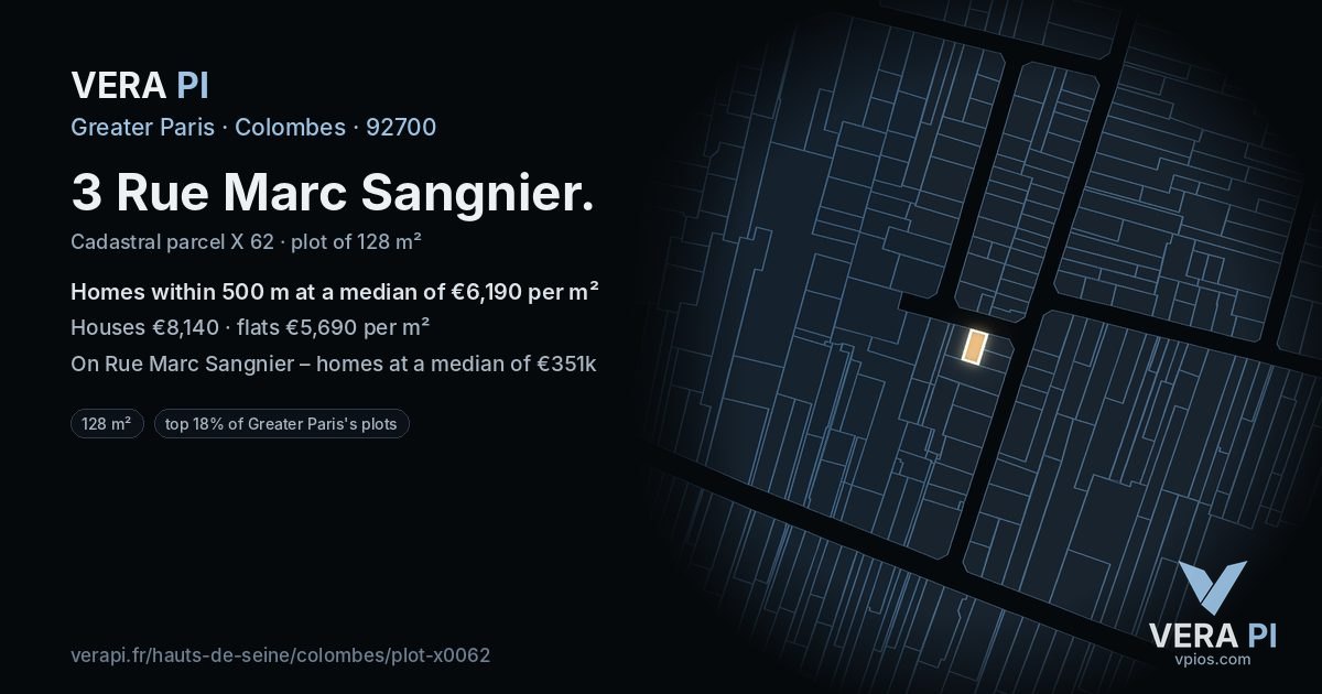 3 Rue Marc Sangnier, Colombes at night – the plot lit, the parcels around coloured by the prices near them