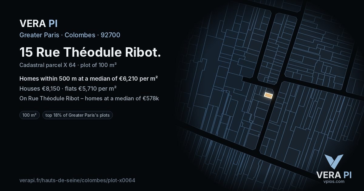 15 Rue Théodule Ribot, Colombes at night – the plot lit, the parcels around coloured by the prices near them