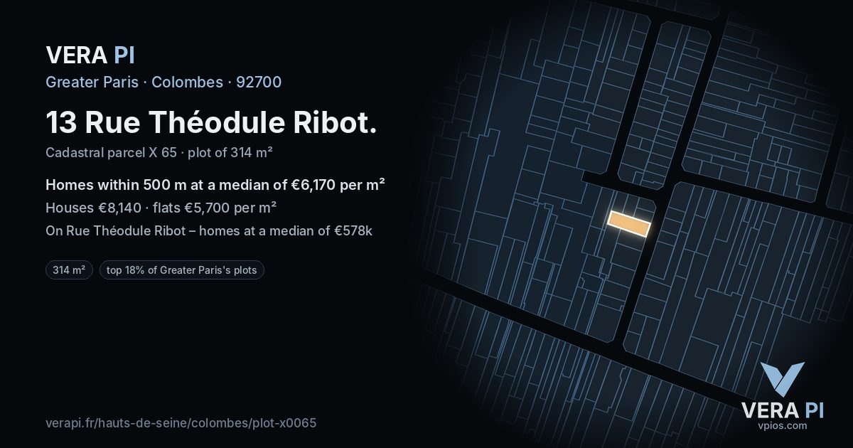 13 Rue Théodule Ribot, Colombes at night – the plot lit, the parcels around coloured by the prices near them