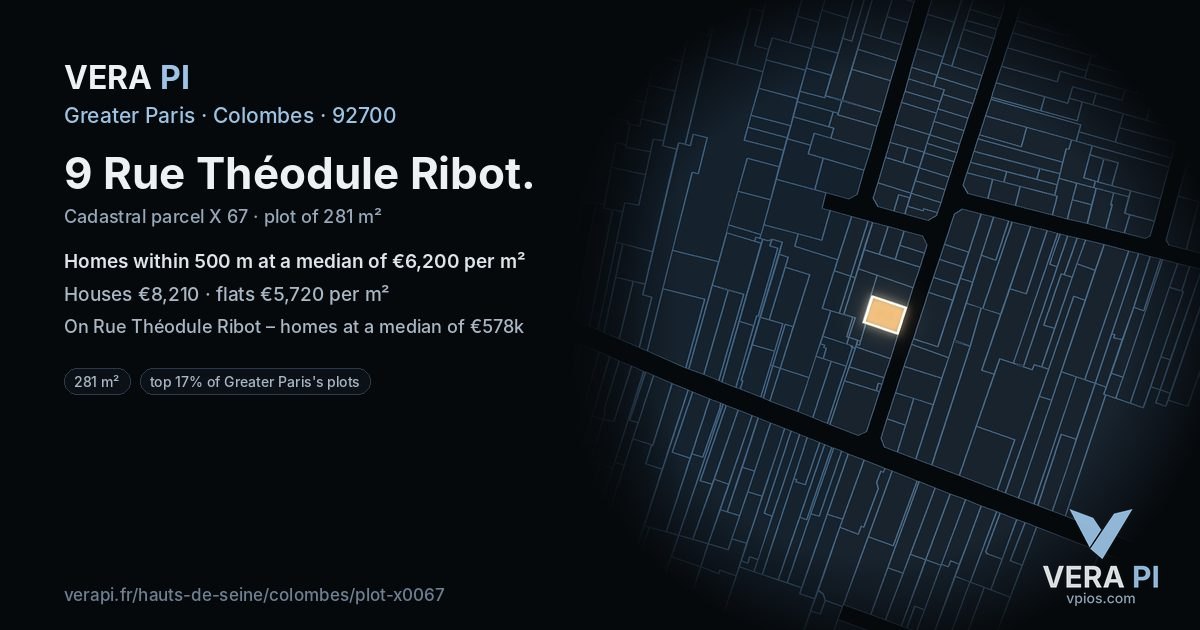 9 Rue Théodule Ribot, Colombes at night – the plot lit, the parcels around coloured by the prices near them