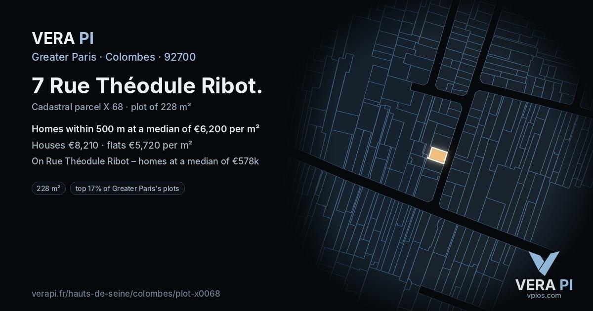 7 Rue Théodule Ribot, Colombes at night – the plot lit, the parcels around coloured by the prices near them