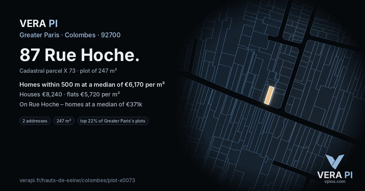 87 Rue Hoche, Colombes at night – the plot lit, the parcels around coloured by the prices near them