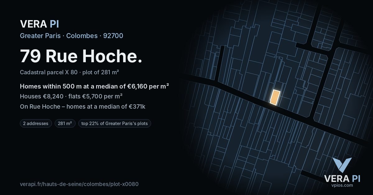 79 Rue Hoche, Colombes at night – the plot lit, the parcels around coloured by the prices near them